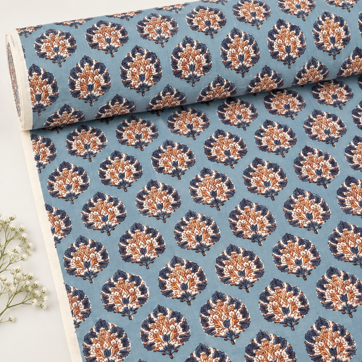 Grey Block Printed Cotton Fabric