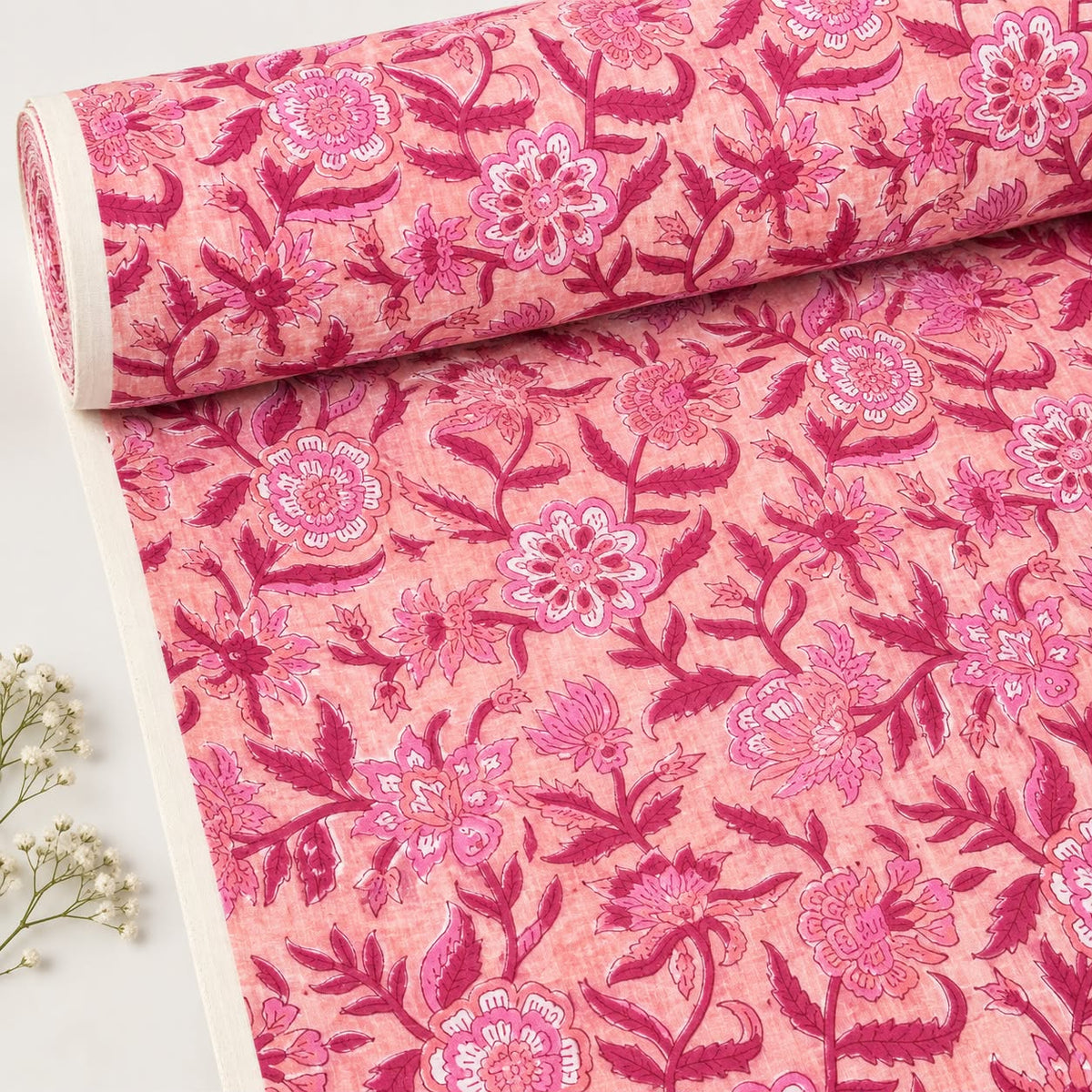 Pink Block Printed Cotton Fabric