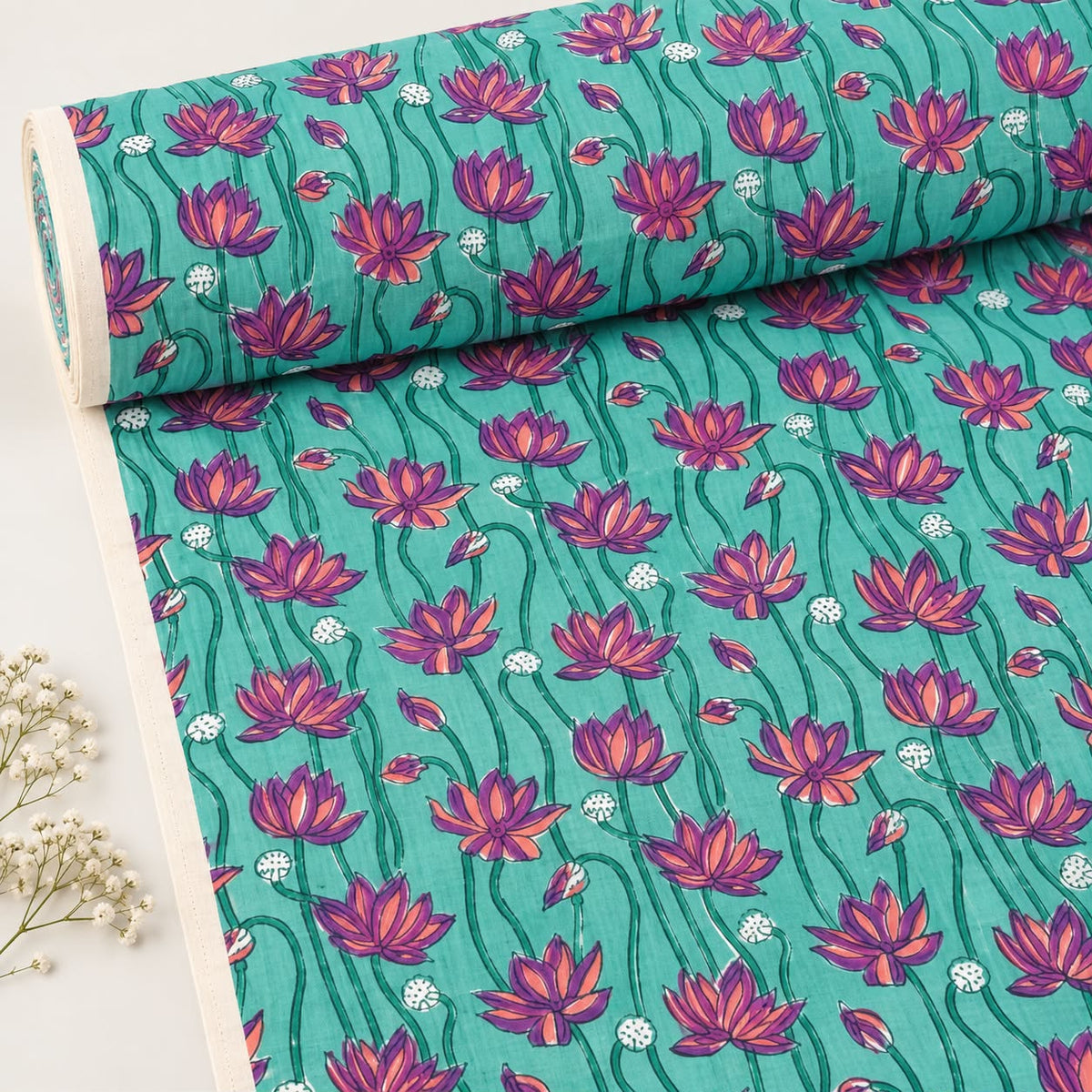 Teal & Magenta Lotus Block Print