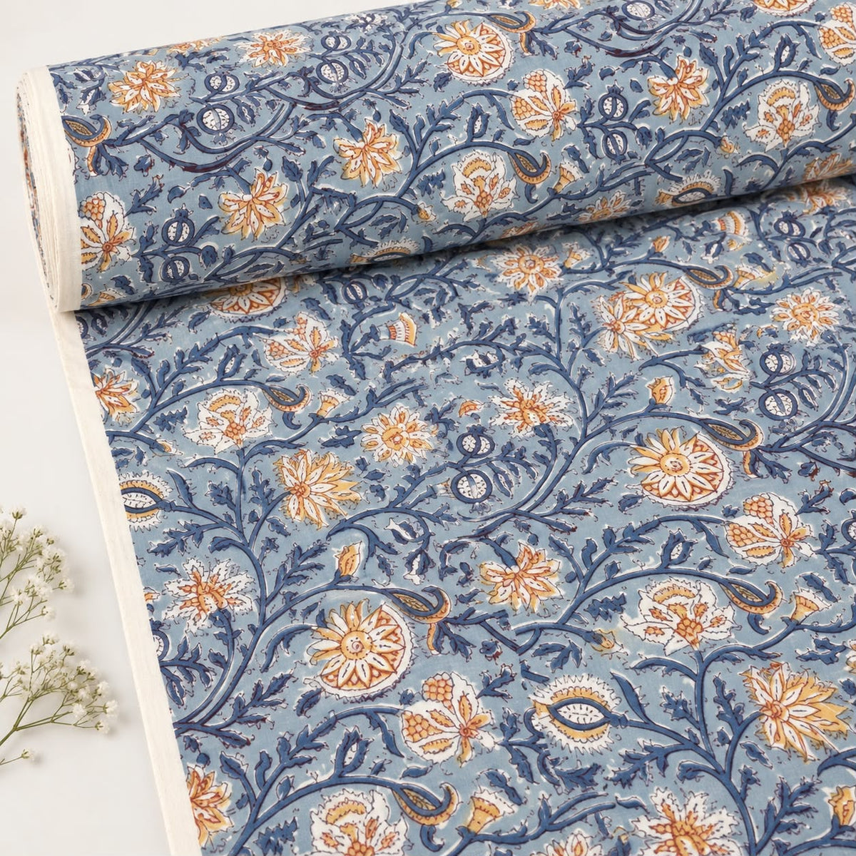 Slate Blue & Mustard Floral Vine Block Print