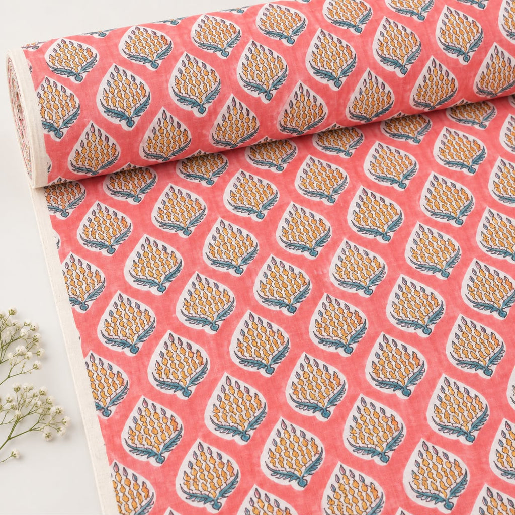 Coral Pink & Mustard Pinecone Block Print