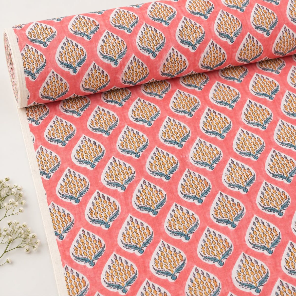 Coral Pink & Mustard Pinecone Block Print
