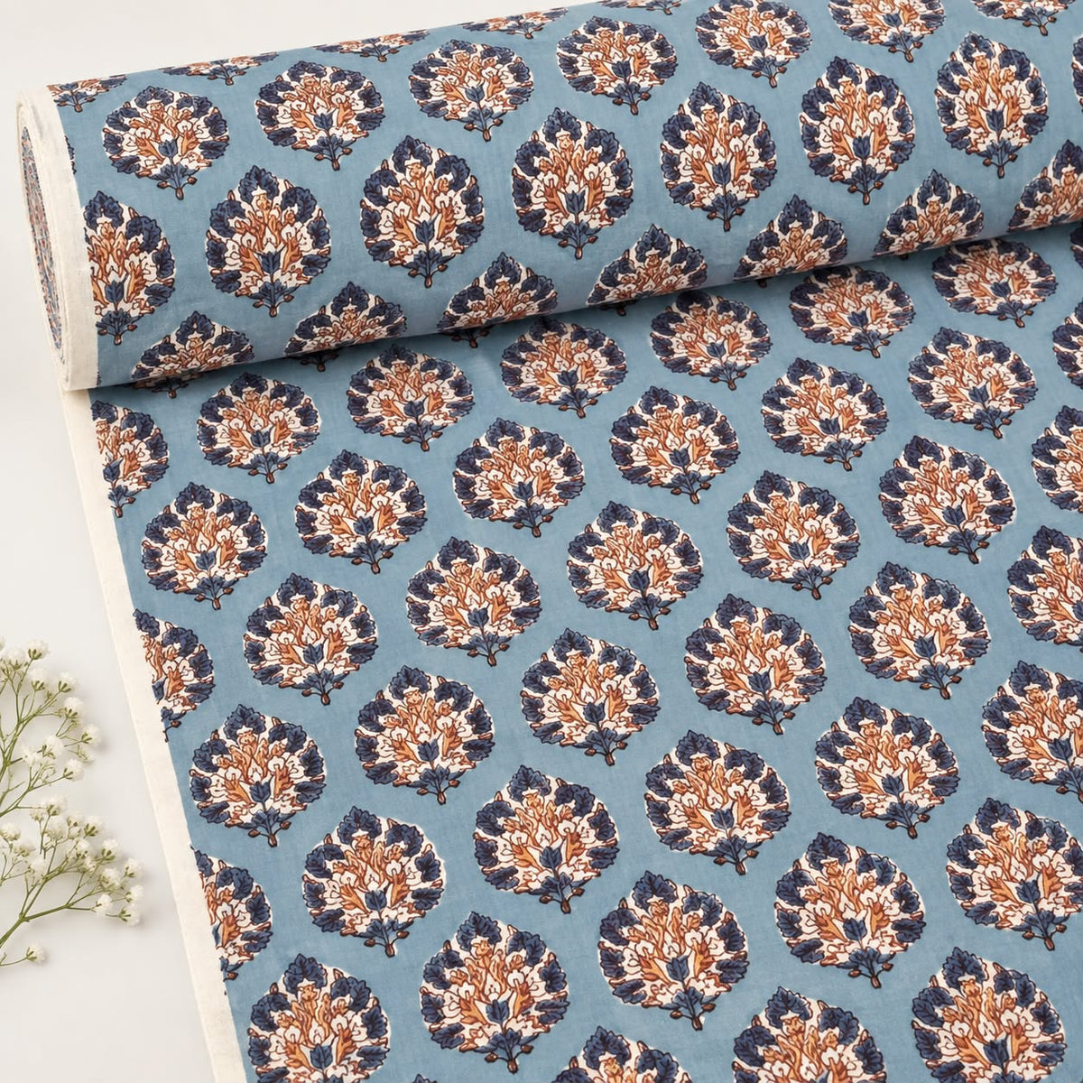 Dusty Blue & Rust Paisley Block Print