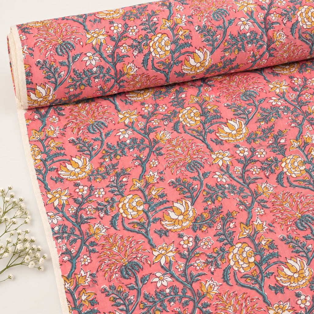 Coral Pink & Yellow Floral Vine Block Print