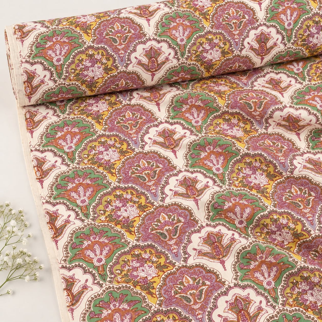 Ochre & Plum Scallop Floral Block Print