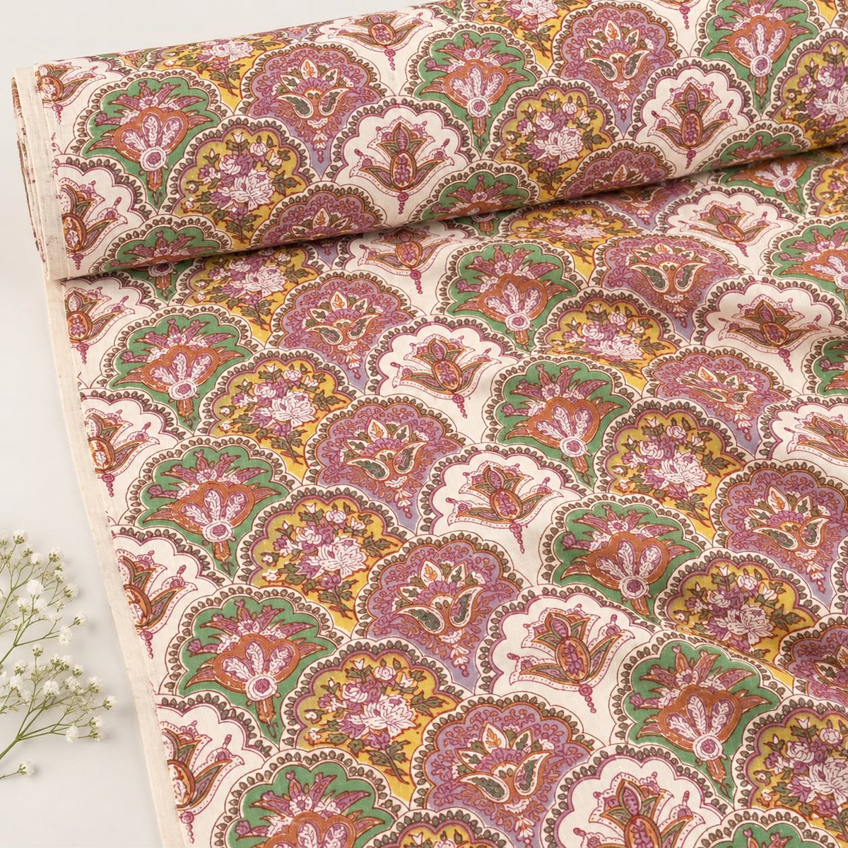 Ochre & Plum Scallop Floral Block Print