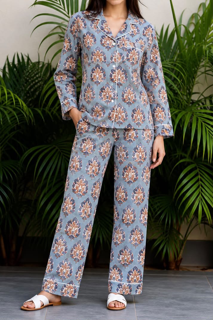 Dusty Blue & Terracotta Paisley Pajama Set