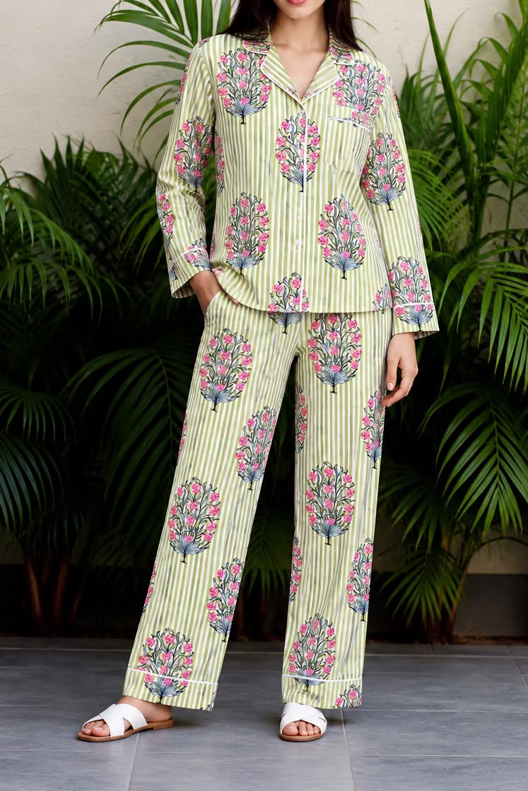 Lime Stripe & Pink Tree-of-Life Pajama Set