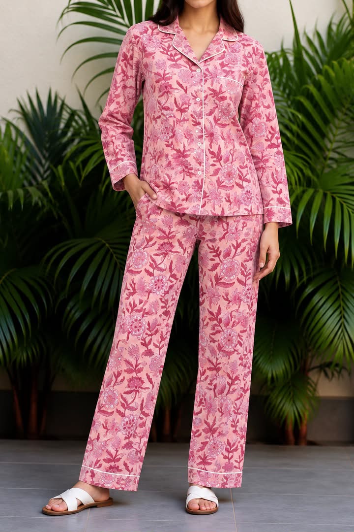 Blush & Magenta Rose Floral Pajama Set
