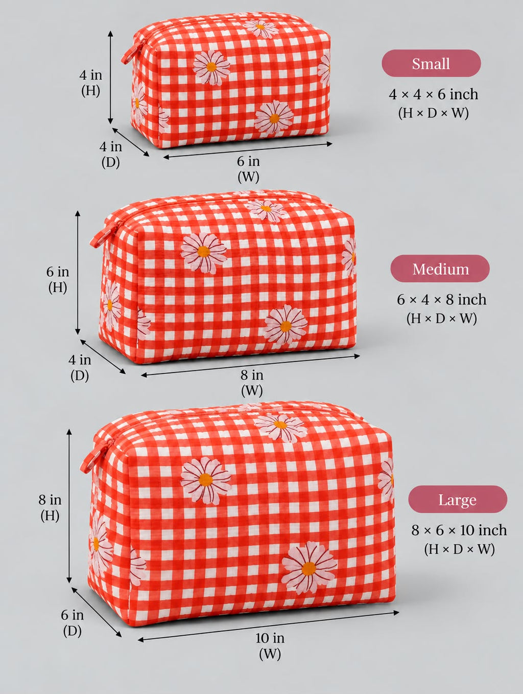 Red Gingham Toiletry Pouch Set Of 3
